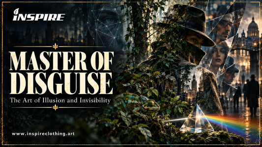 Master of Disguise cover with a camouflaged figure, mirrored faces, a chameleon, a prism, and the INSPIRE logo.