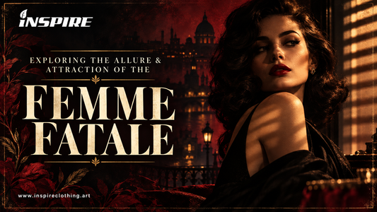 Femme Fatale cover with a noir portrait, crimson foliage, and the INSPIRE logo.